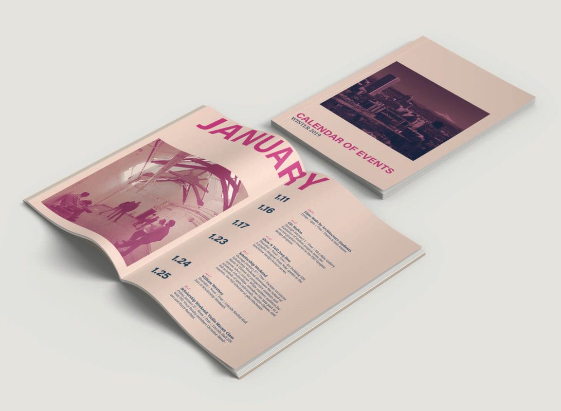 Events listing spread with the school's color scheme
