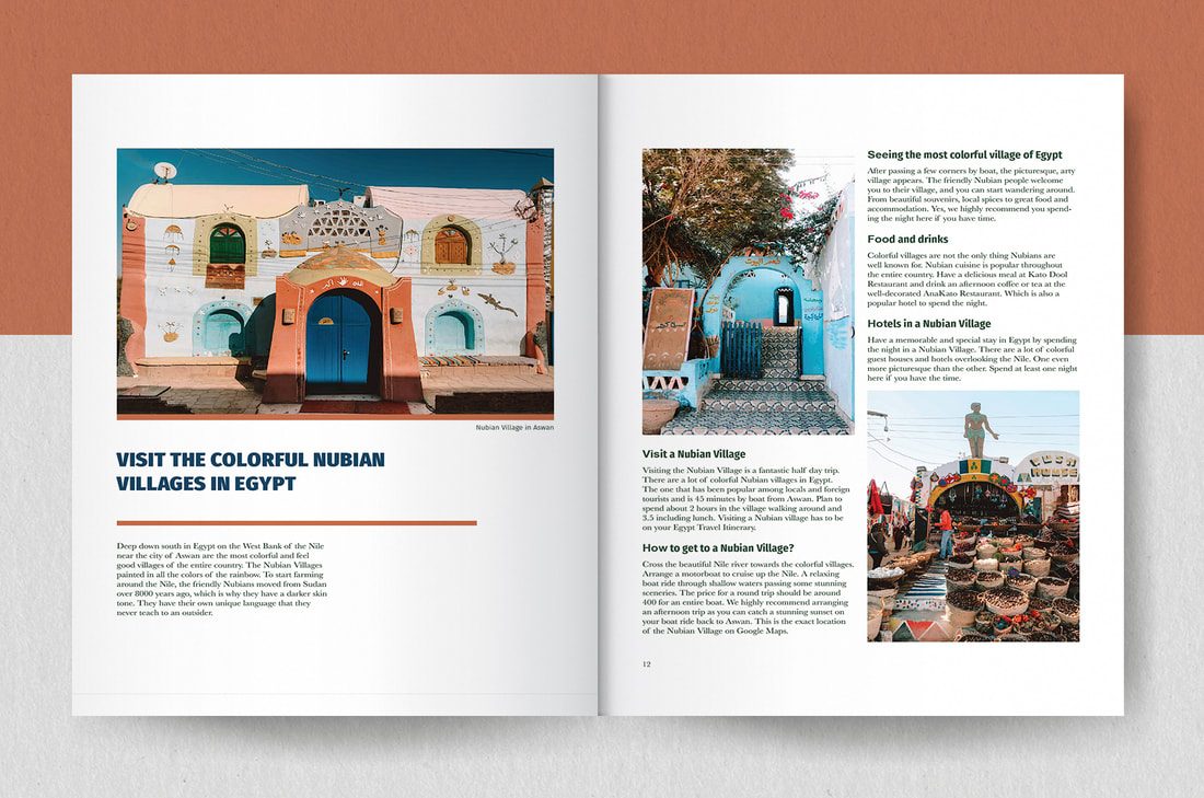 Interior spread with bold section headings and landscape photography
