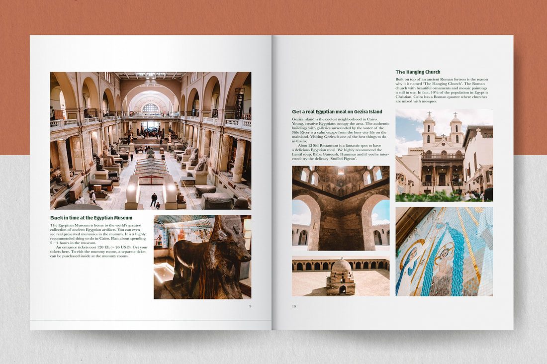 History section spread with warm color palette drawn from Egyptian landscapes