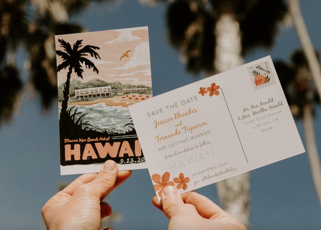 Watercolor save the date card with soft artwork and light typography
